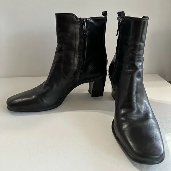 Antonio Melani Heels Black Leather Booties 3” Heel Y2K Chunky Square Toe - Picture 4 of 12